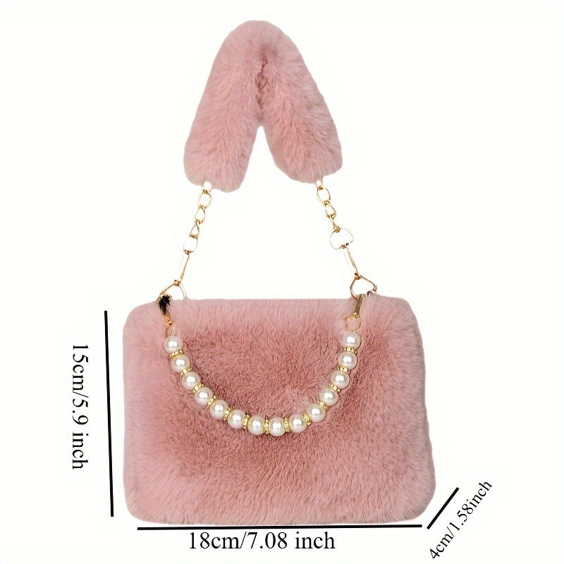 Faux Fur Shoulder Bag with Chain Strap, Synthetic Solid Color Handbag, Zipper Closure, Unlined, Non-Washable - Fashionable Mini Square Purse for Women
